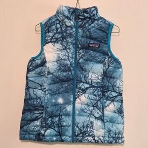 Patagonia Girls Down Vest Blue Winter Tree Print Puffer Size S 7-8